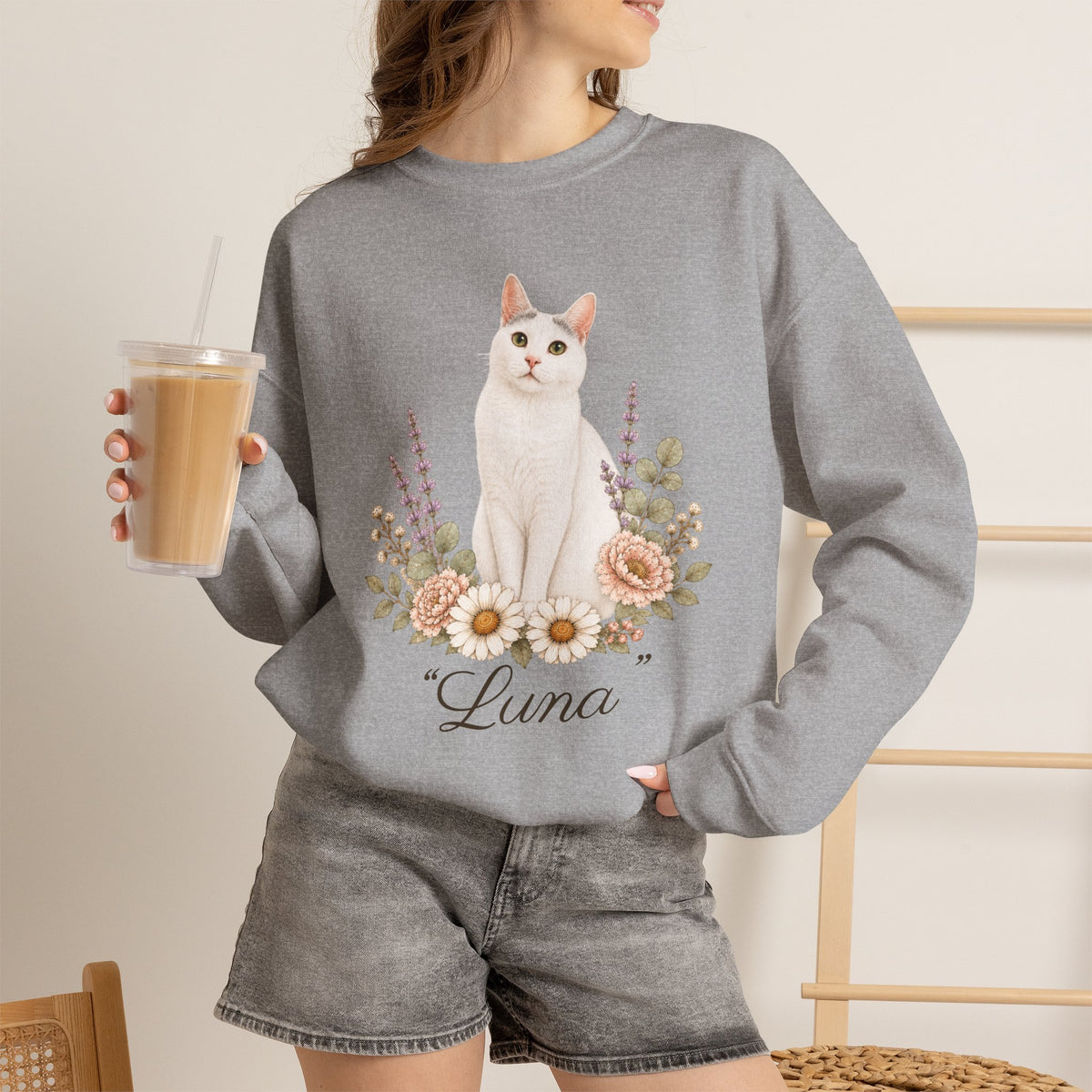 Personalized White Cat Mom Sweatshirt