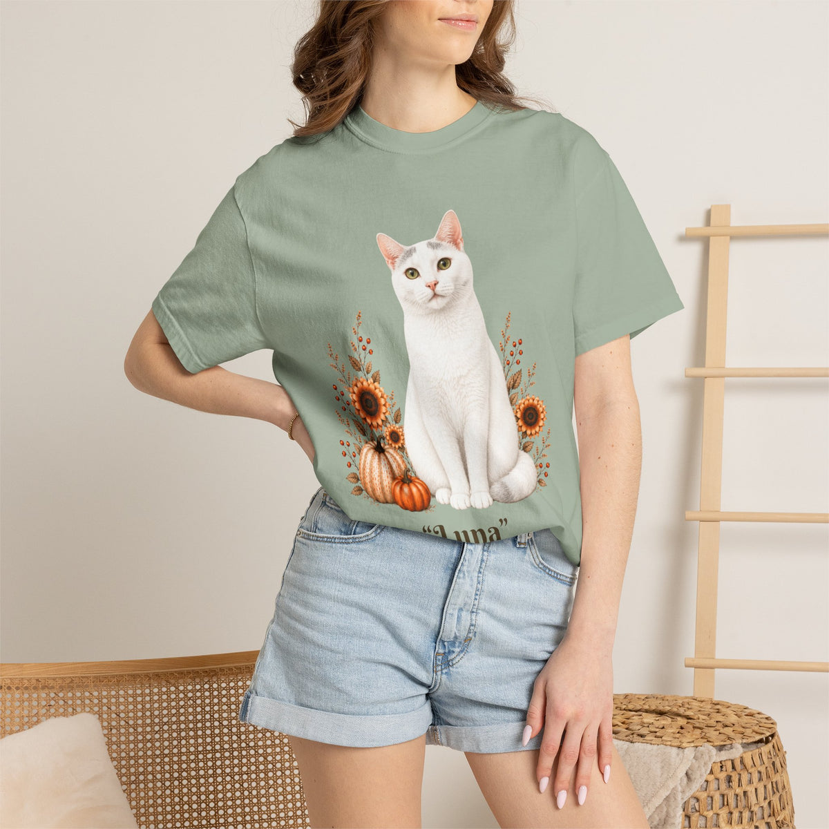 Personalized White Cat Sunflower Comfort Colors® T-Shirt