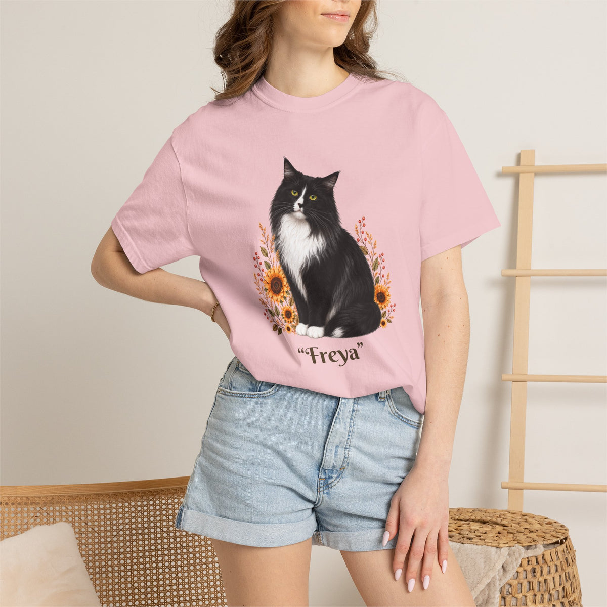 Personalized Black and White Cat  Sunflower Comfort Colors® T-Shirt