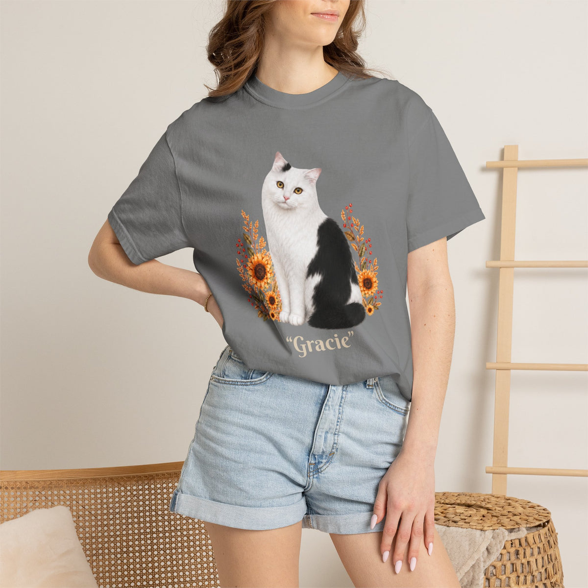 Personalized Black and White Cat  Sunflower Comfort Colors® T-Shirt