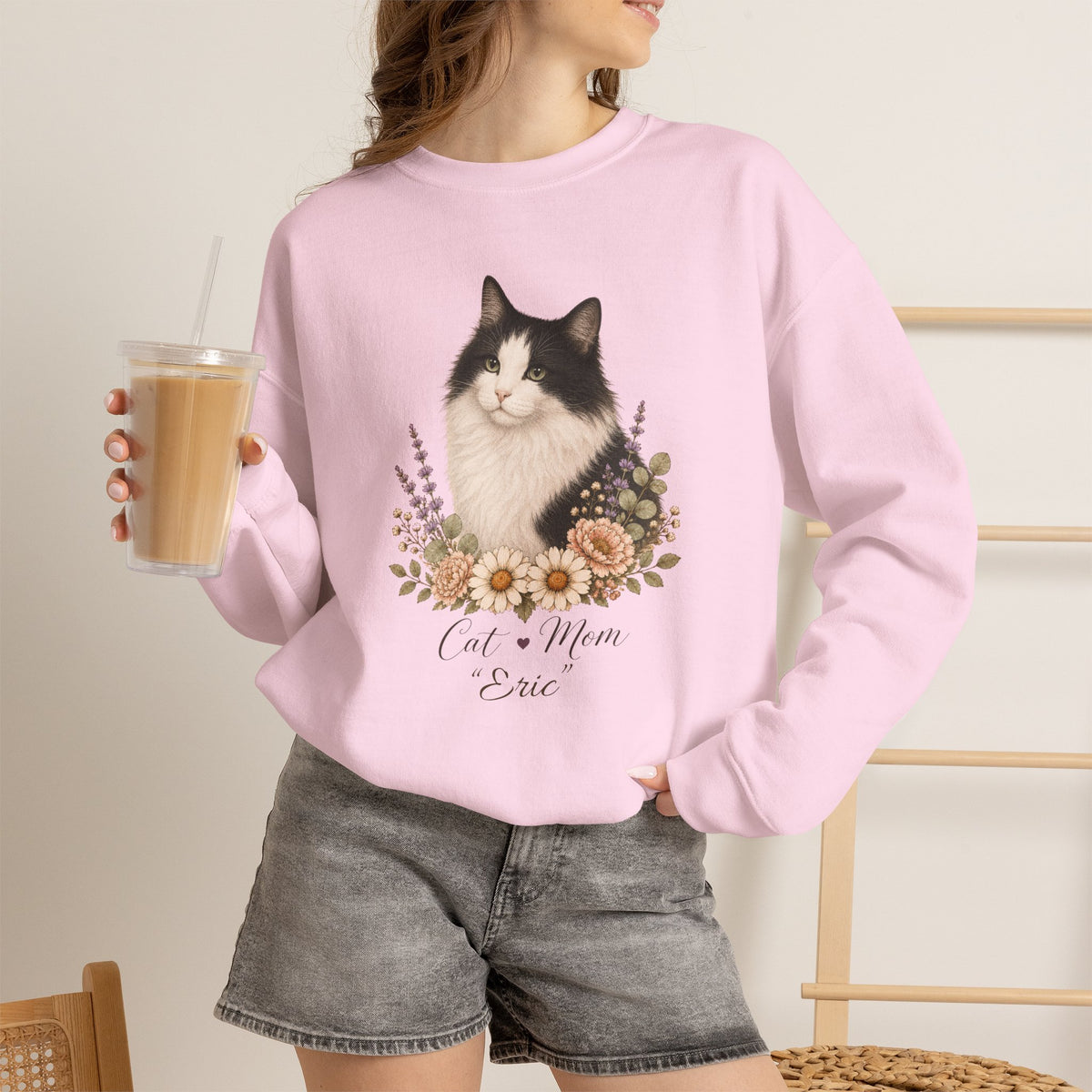 Personalized Black and White Cat Mom Gildan® Sweatshirt