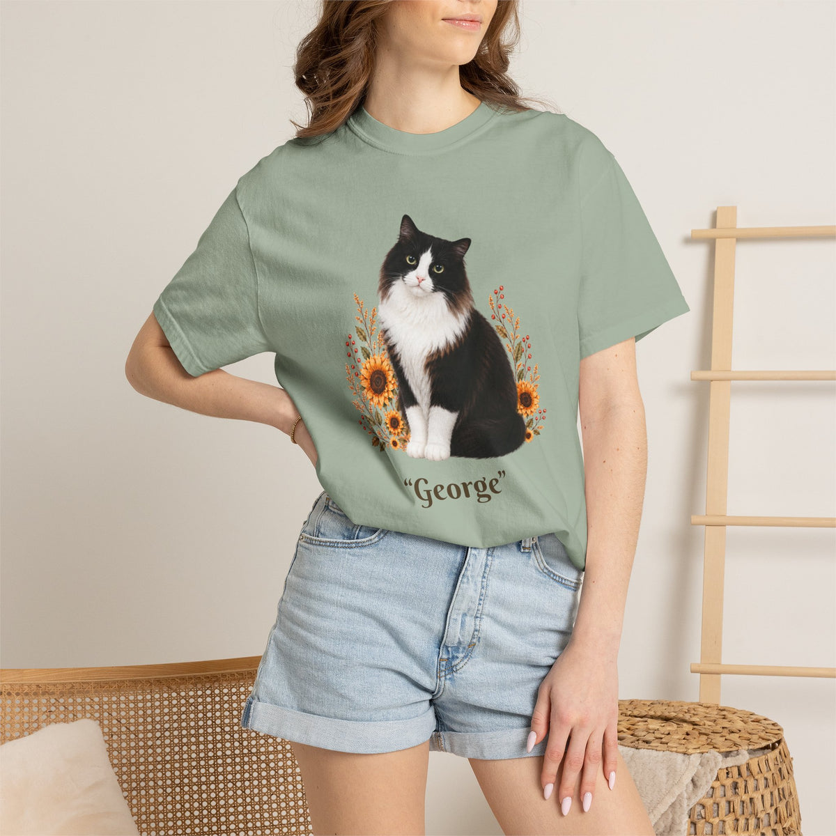 Personalized Black and White Cat  Sunflower Comfort Colors® T-Shirt