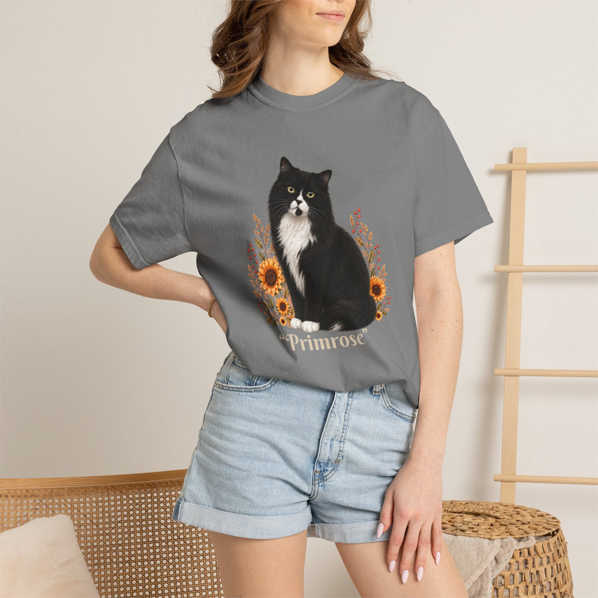Personalized Tuxedo Cat Sunflower Comfort Colors® T-Shirt