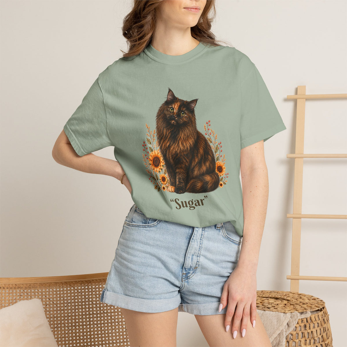 Personalized Tortoiseshell Cat  Sunflower Comfort Colors® T-Shirt