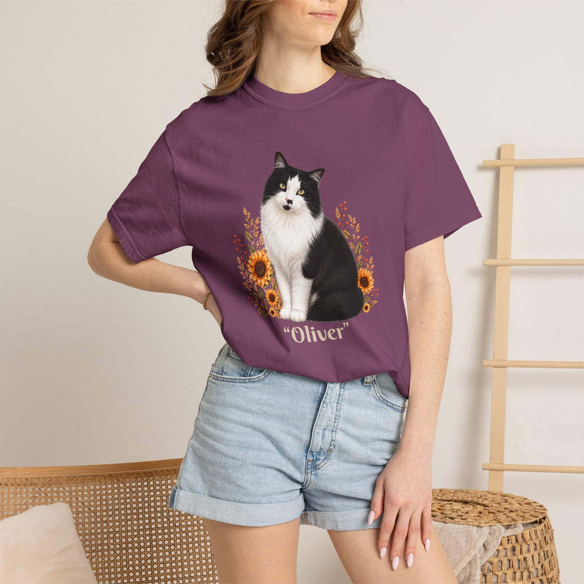 Personalized Tuxedo Cat Sunflower Comfort Colors® T-Shirt