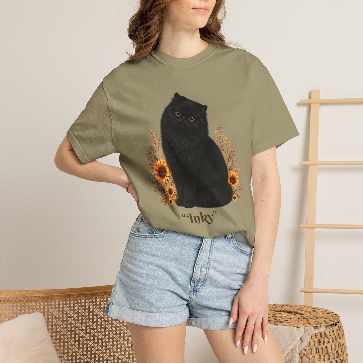 Personalized Black Persian Cat Sunflower Comfort Colors® T-Shirt