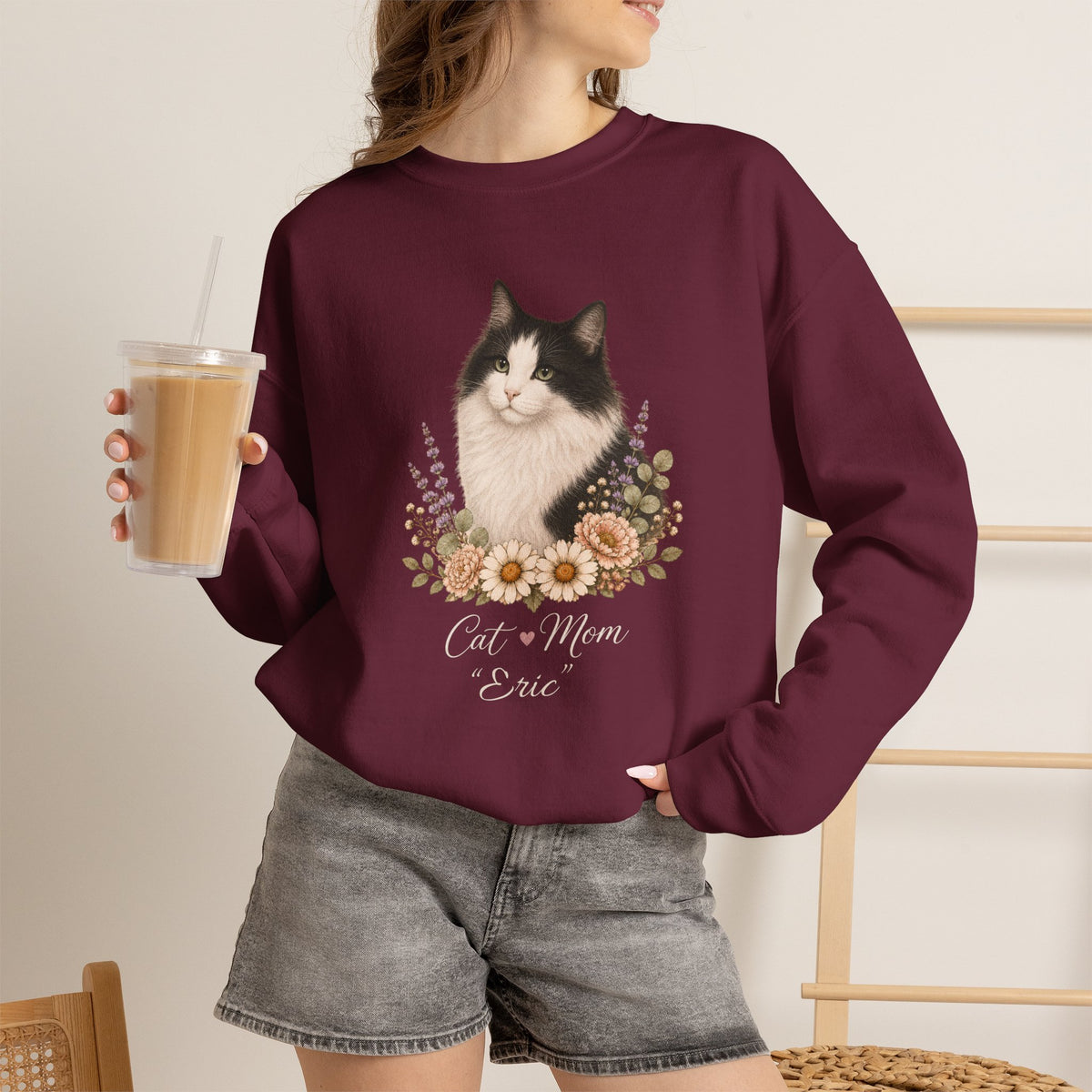 Personalized Black and White Cat Mom Gildan® Sweatshirt