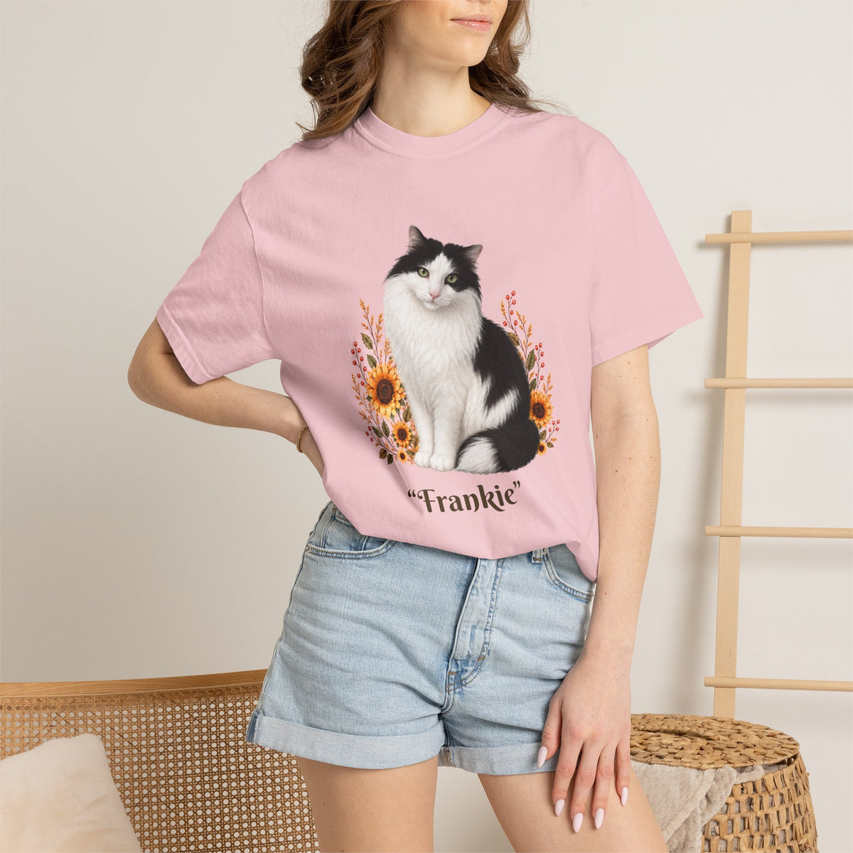 Personalized Black and White Cat  Sunflower Comfort Colors® T-Shirt