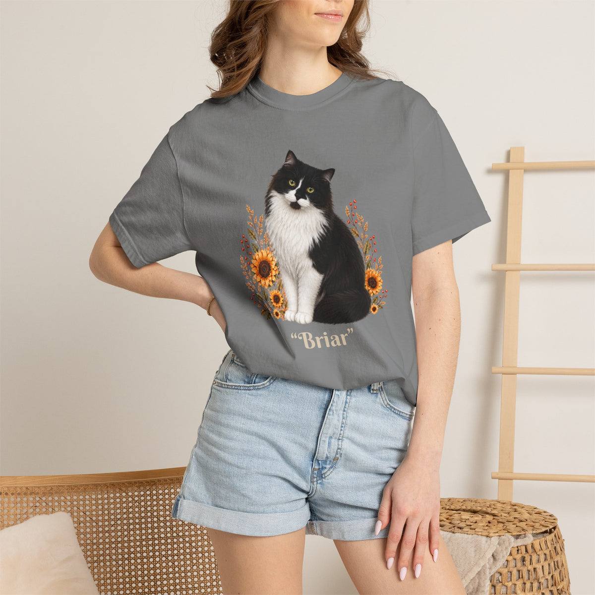 Personalized Tuxedo Cat Sunflower Comfort Colors® T-Shirt