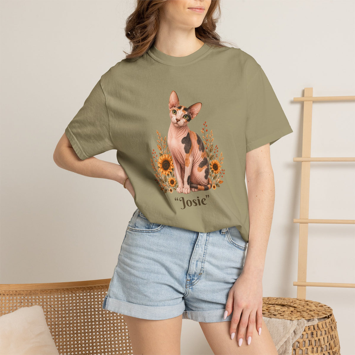 Personalized Calico Sphinx Cat Sunflower Comfort Colors® T-Shirt