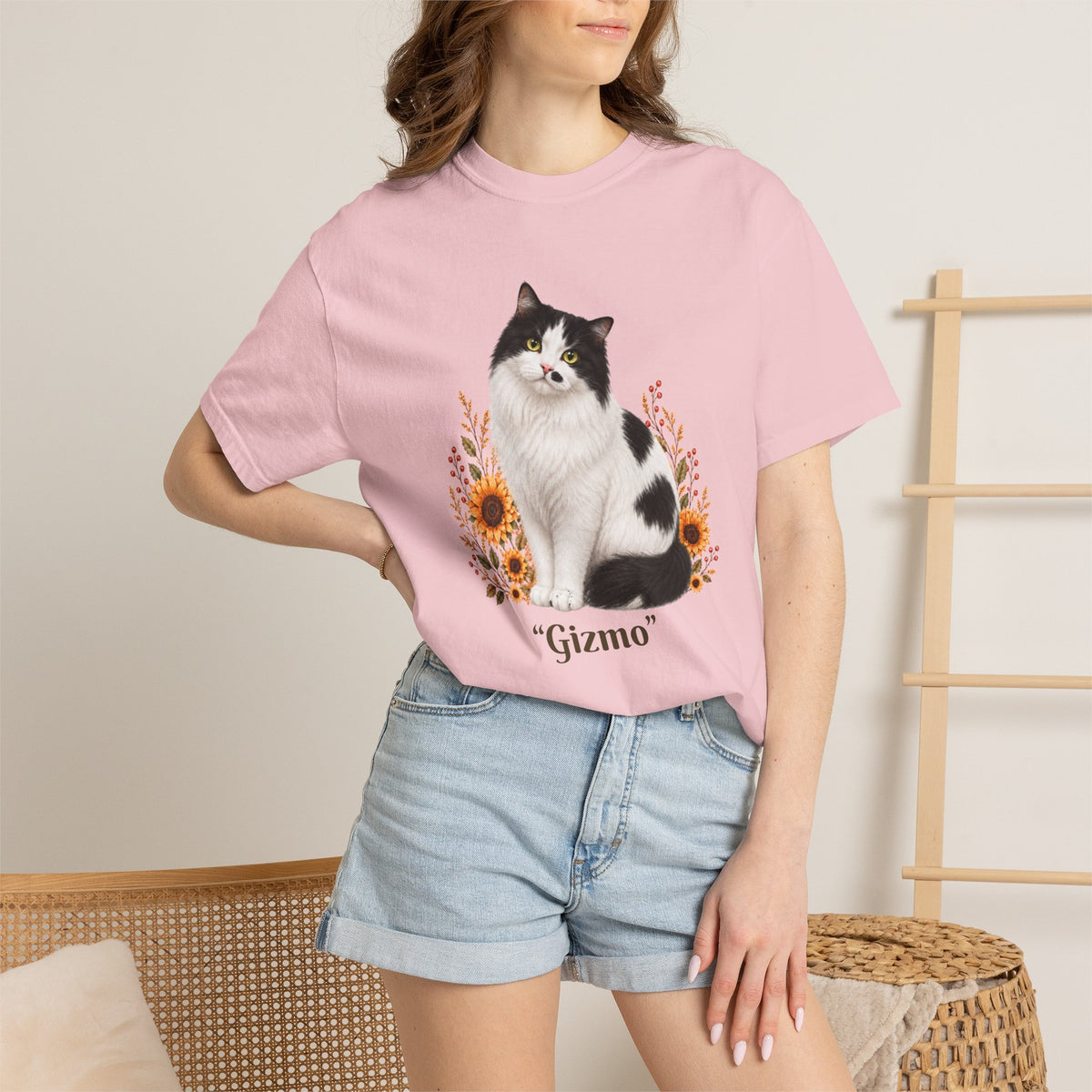 Personalized Black and White Cat  Sunflower Comfort Colors® T-Shirt