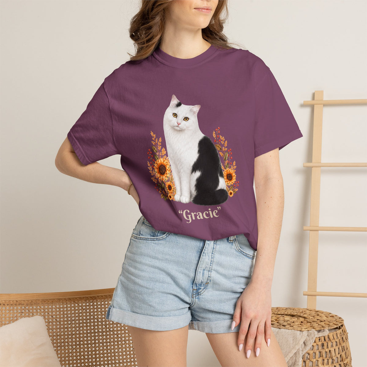 Personalized Black and White Cat  Sunflower Comfort Colors® T-Shirt