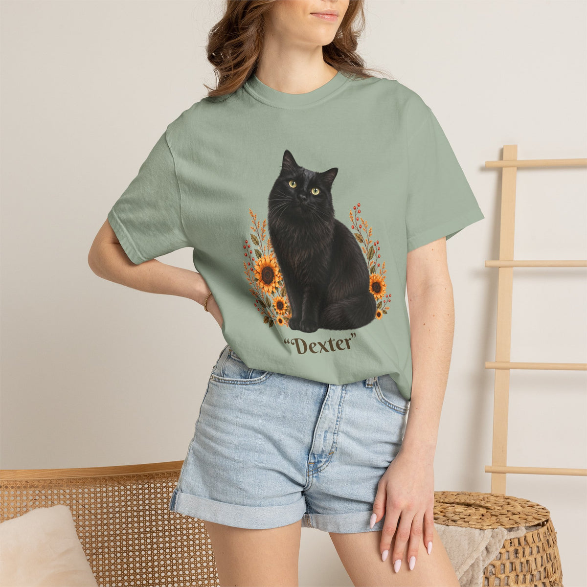 Personalized Black Cat  Sunflower Comfort Colors® T-Shirt