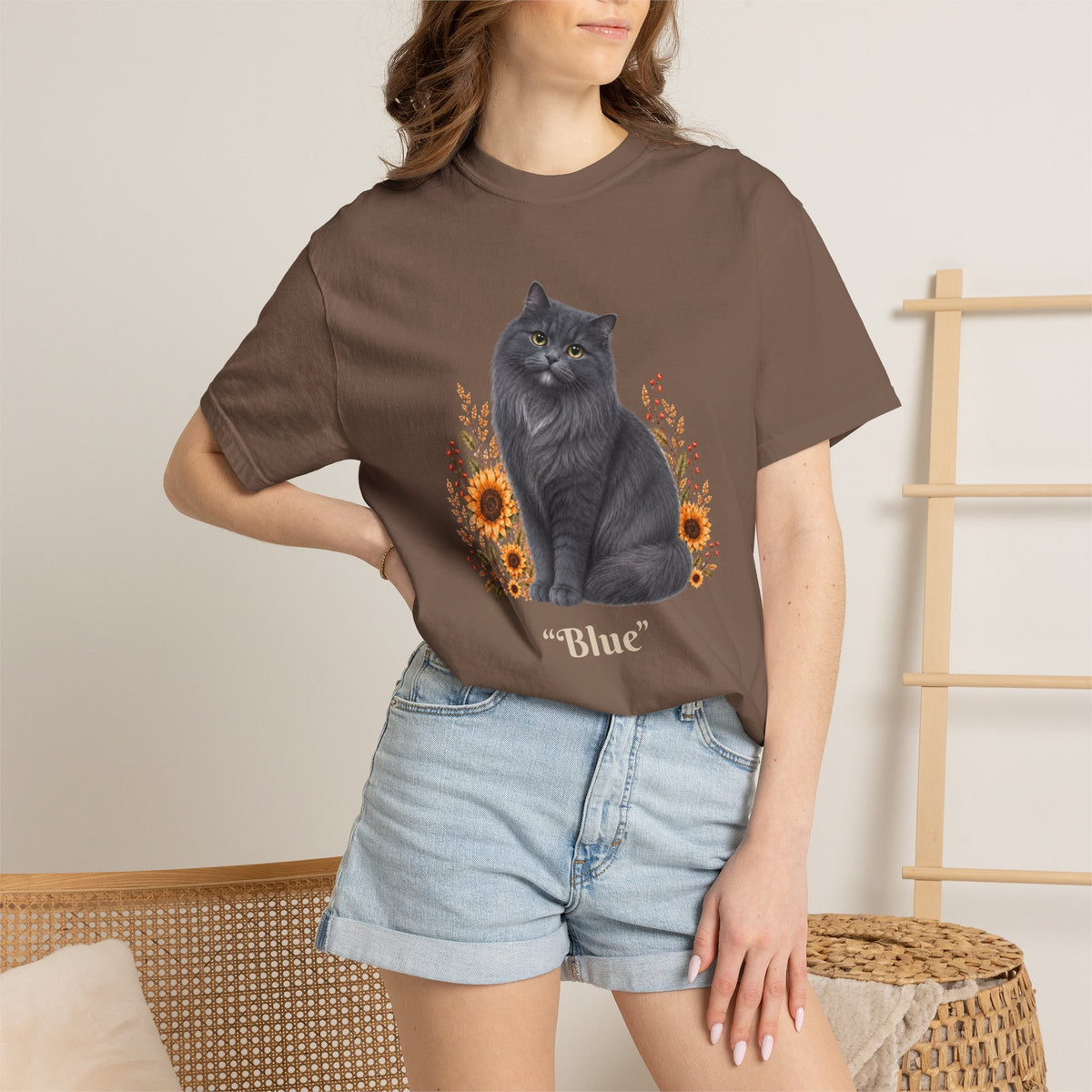Personalized Blue Gray Longhair Cat Sunflower Comfort Colors® T-Shirt