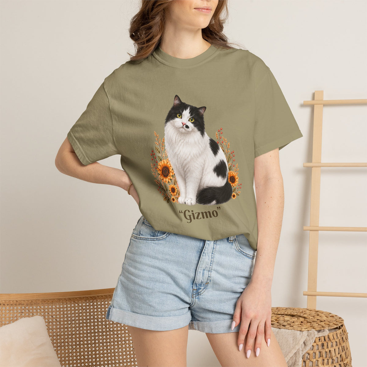 Personalized Black and White Cat  Sunflower Comfort Colors® T-Shirt