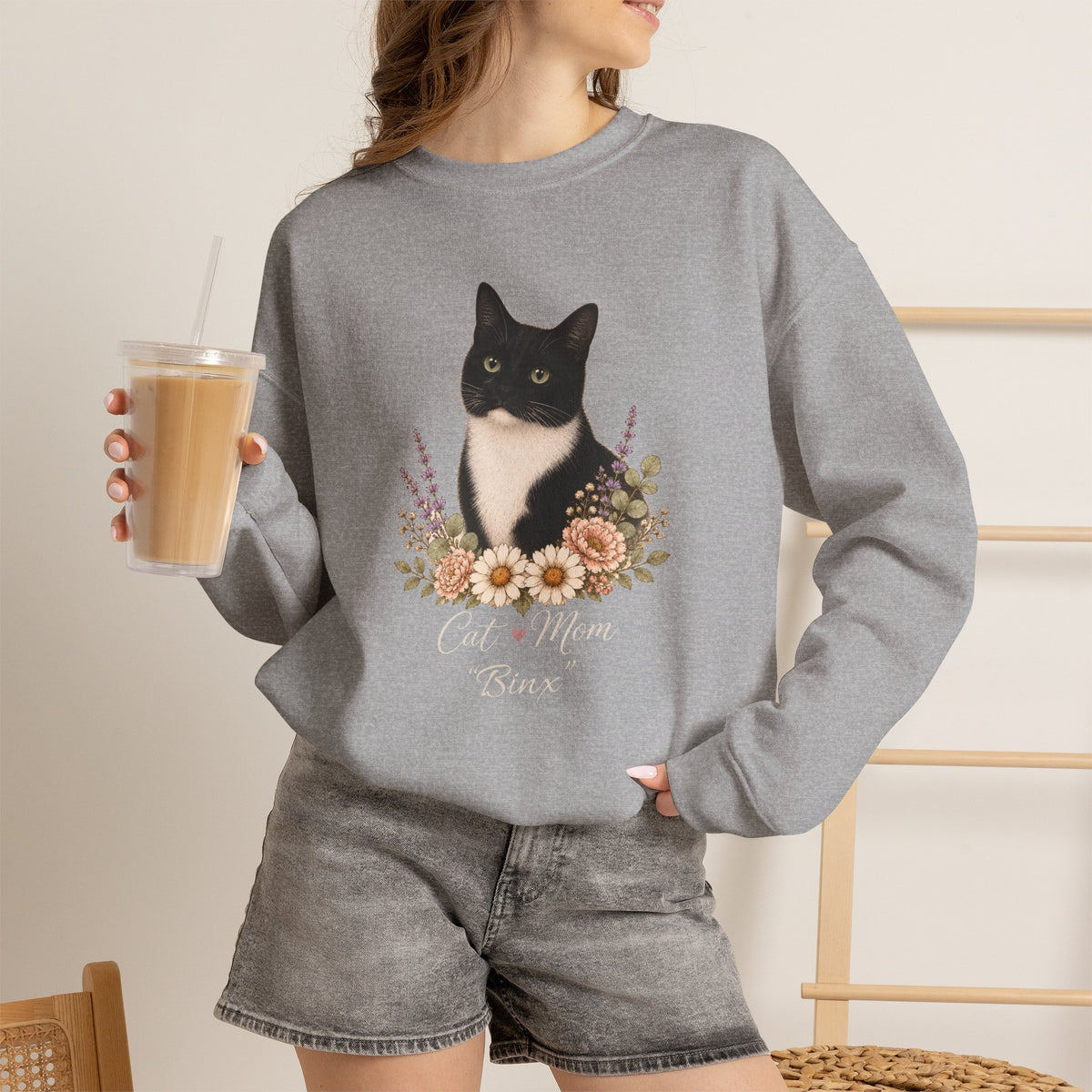 Personalized Black and White Cat Mom Gildan® Sweatshirt