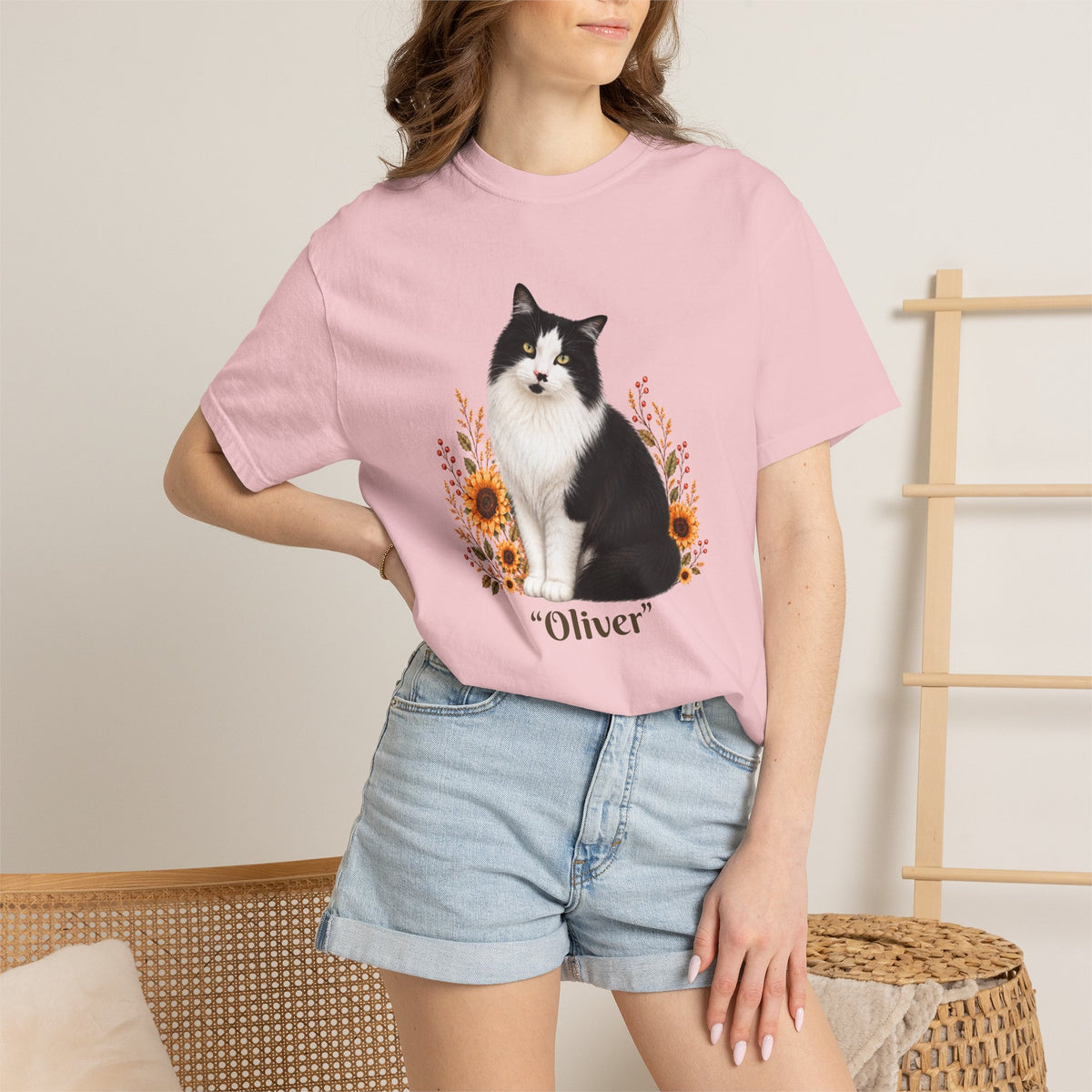 Personalized Tuxedo Cat Sunflower Comfort Colors® T-Shirt
