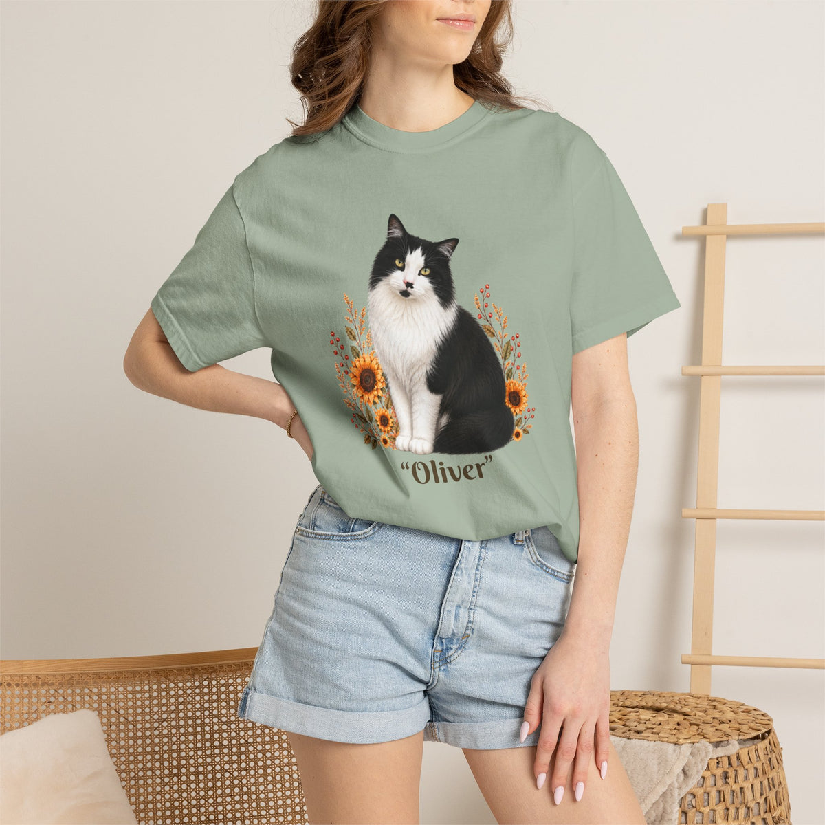 Personalized Tuxedo Cat Sunflower Comfort Colors® T-Shirt
