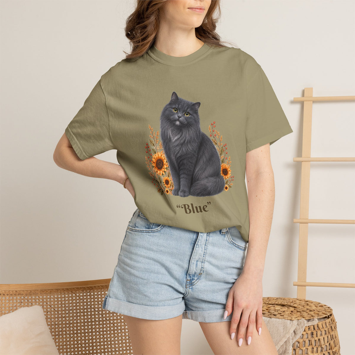Personalized Blue Gray Longhair Cat Sunflower Comfort Colors® T-Shirt