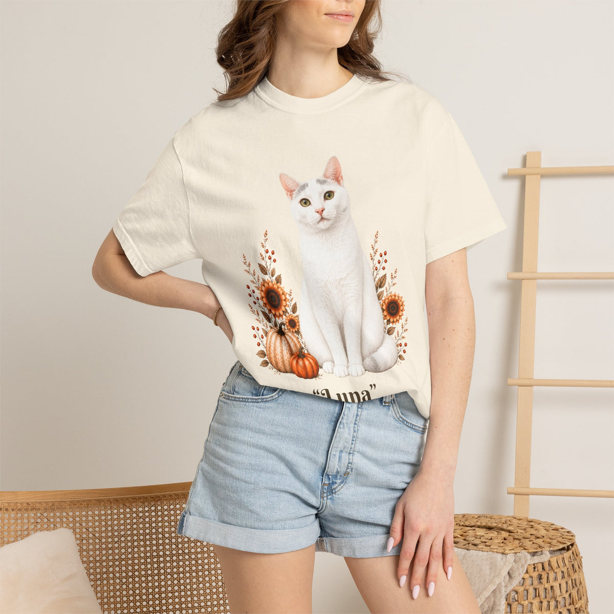 Personalized White Cat Sunflower Comfort Colors® T-Shirt