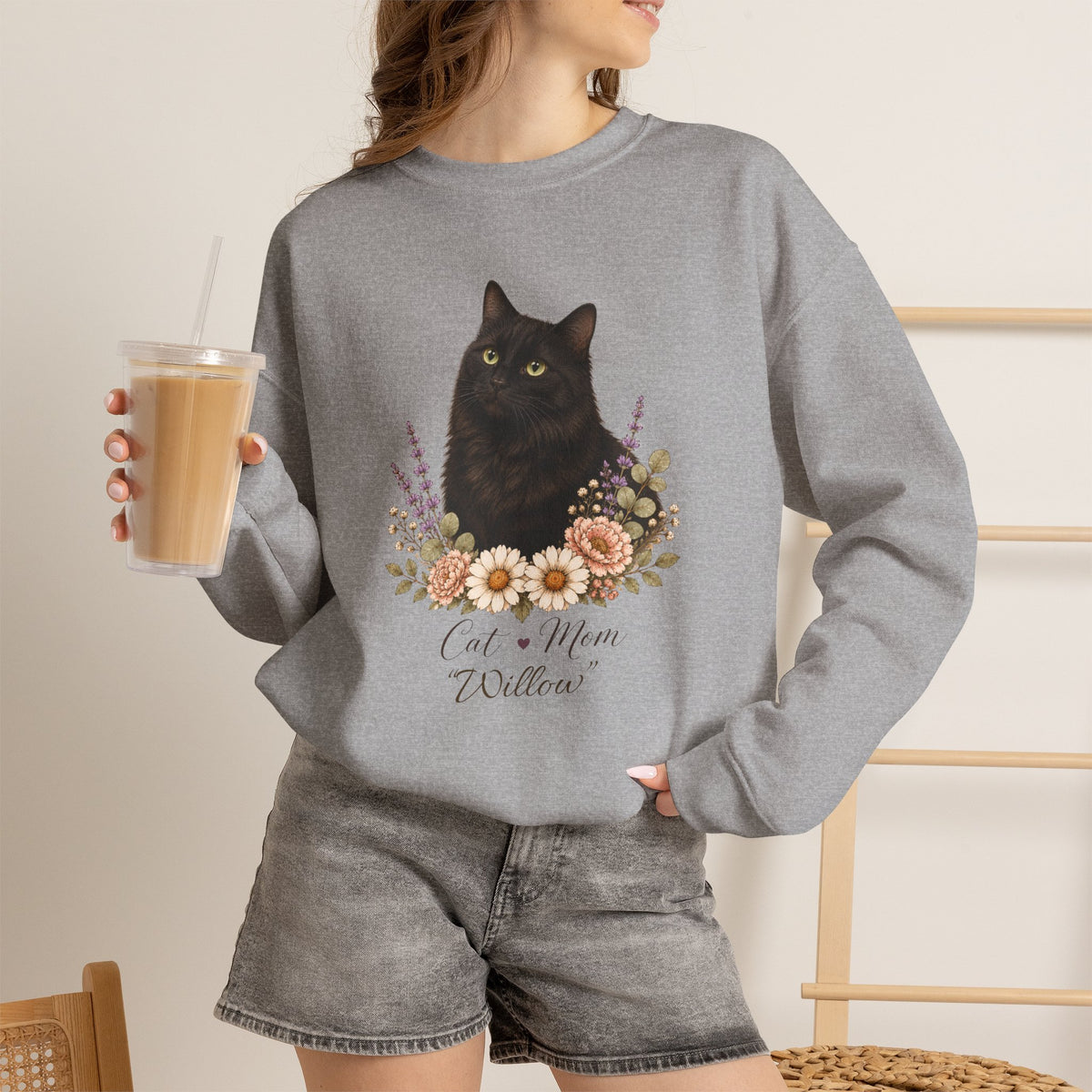 Personalized Black Cat Mom Gildan® Sweatshirt
