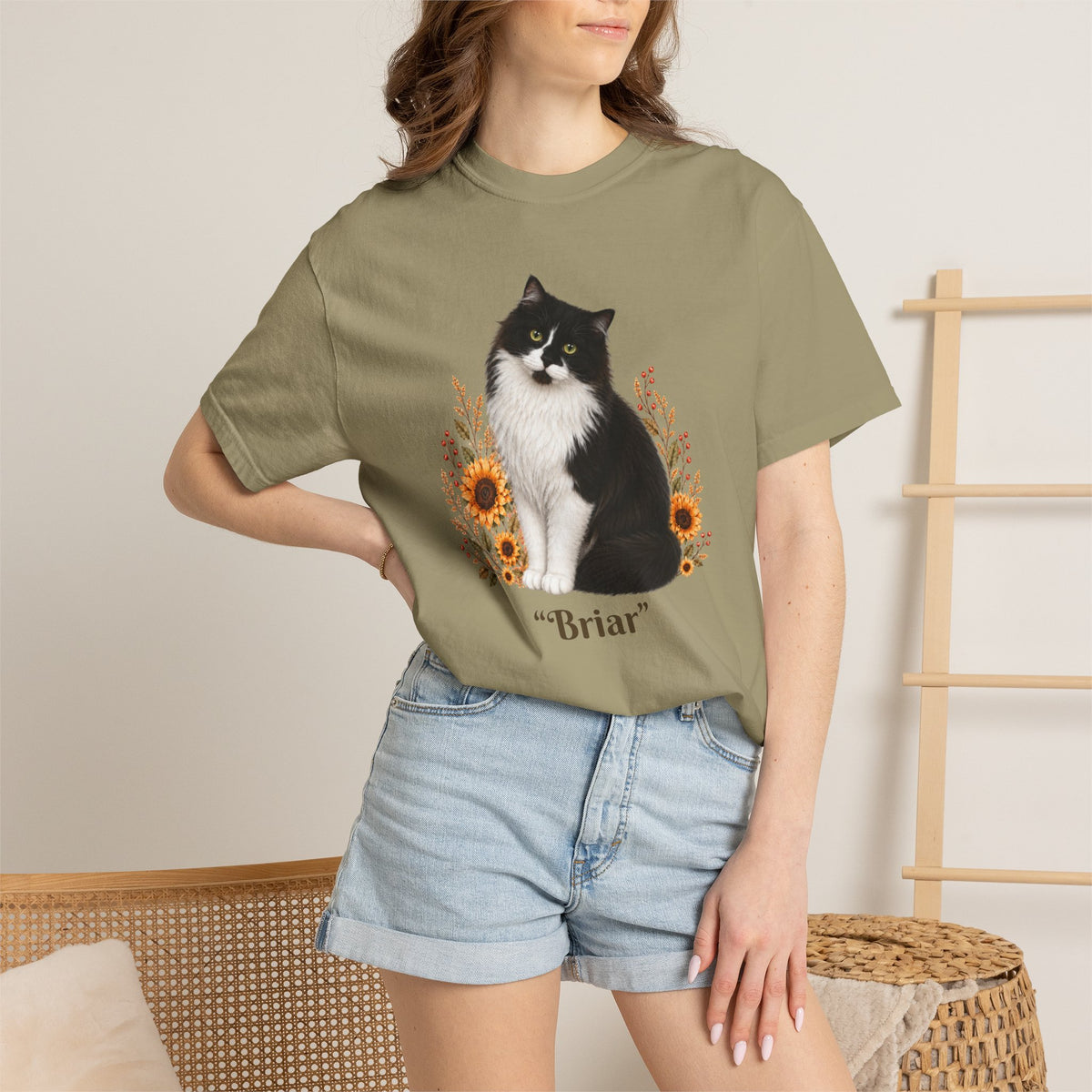 Personalized Tuxedo Cat Sunflower Comfort Colors® T-Shirt