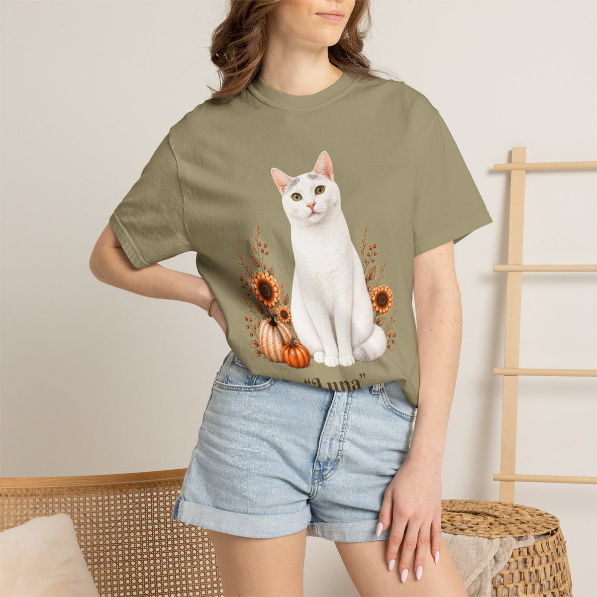 Personalized White Cat Sunflower Comfort Colors® T-Shirt