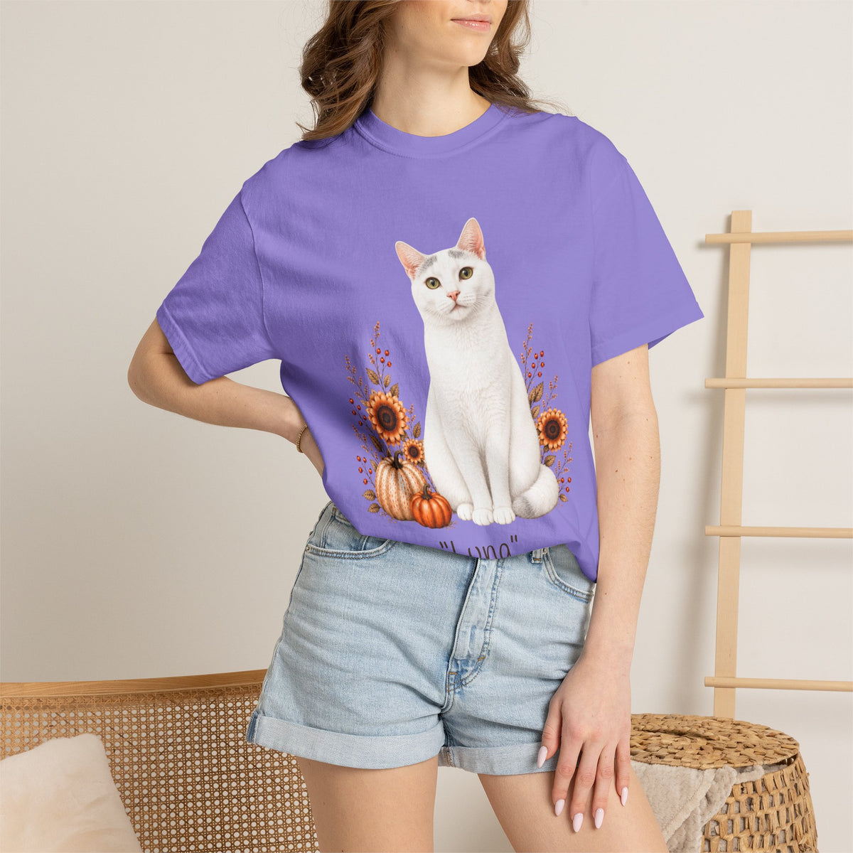 Personalized White Cat Sunflower Comfort Colors® T-Shirt
