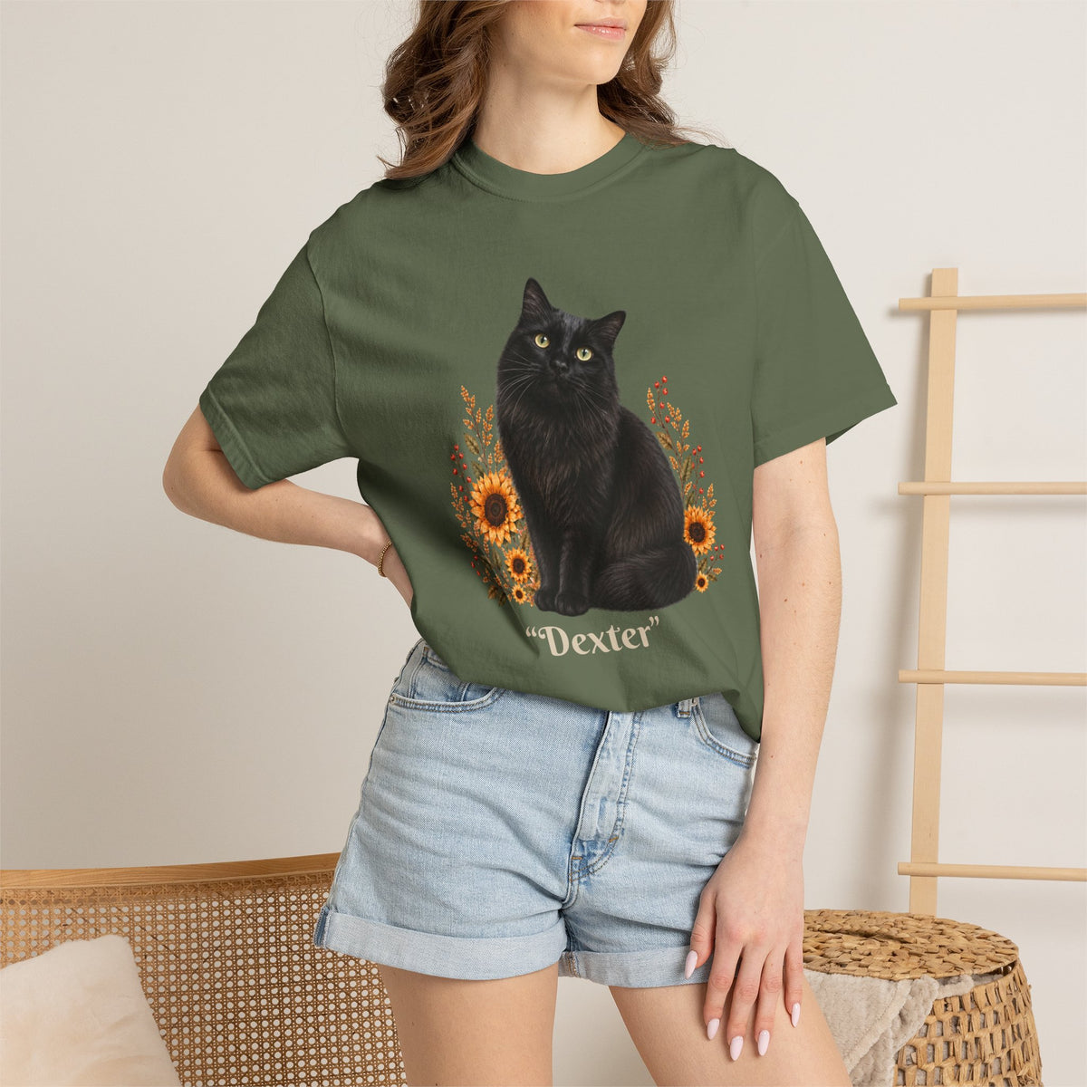 Personalized Black Cat  Sunflower Comfort Colors® T-Shirt