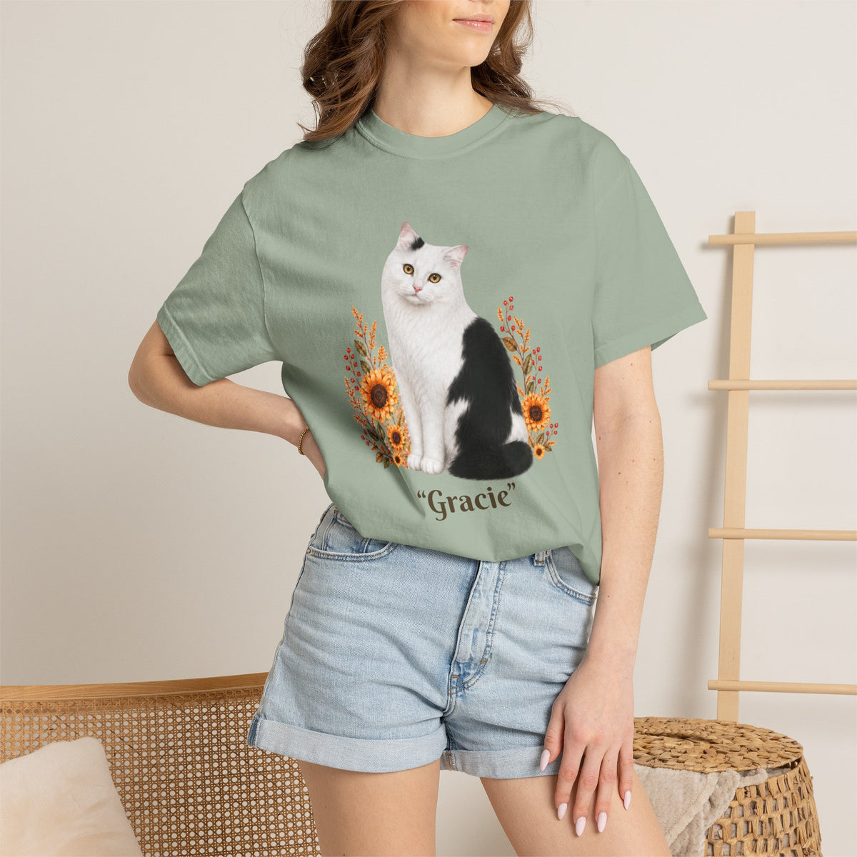 Personalized Black and White Cat  Sunflower Comfort Colors® T-Shirt