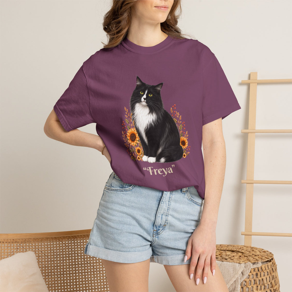 Personalized Black and White Cat  Sunflower Comfort Colors® T-Shirt