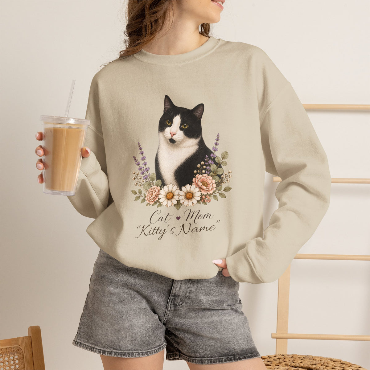 Personalized Black and White Cat Mom Gildan® Sweatshirt