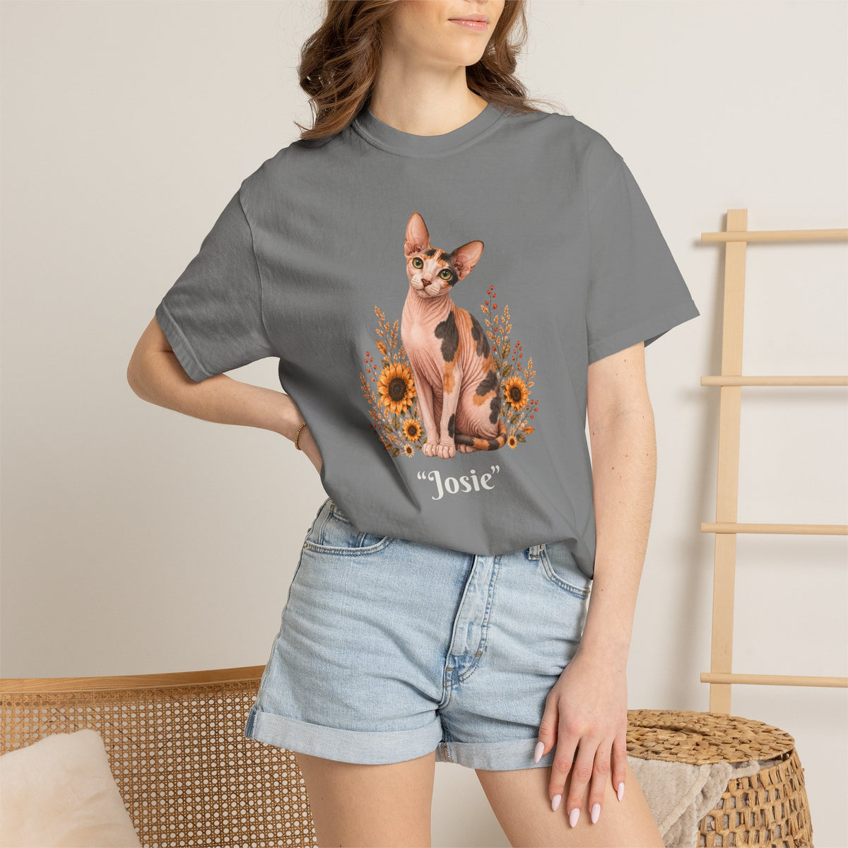 Personalized Calico Sphinx Cat Sunflower Comfort Colors® T-Shirt