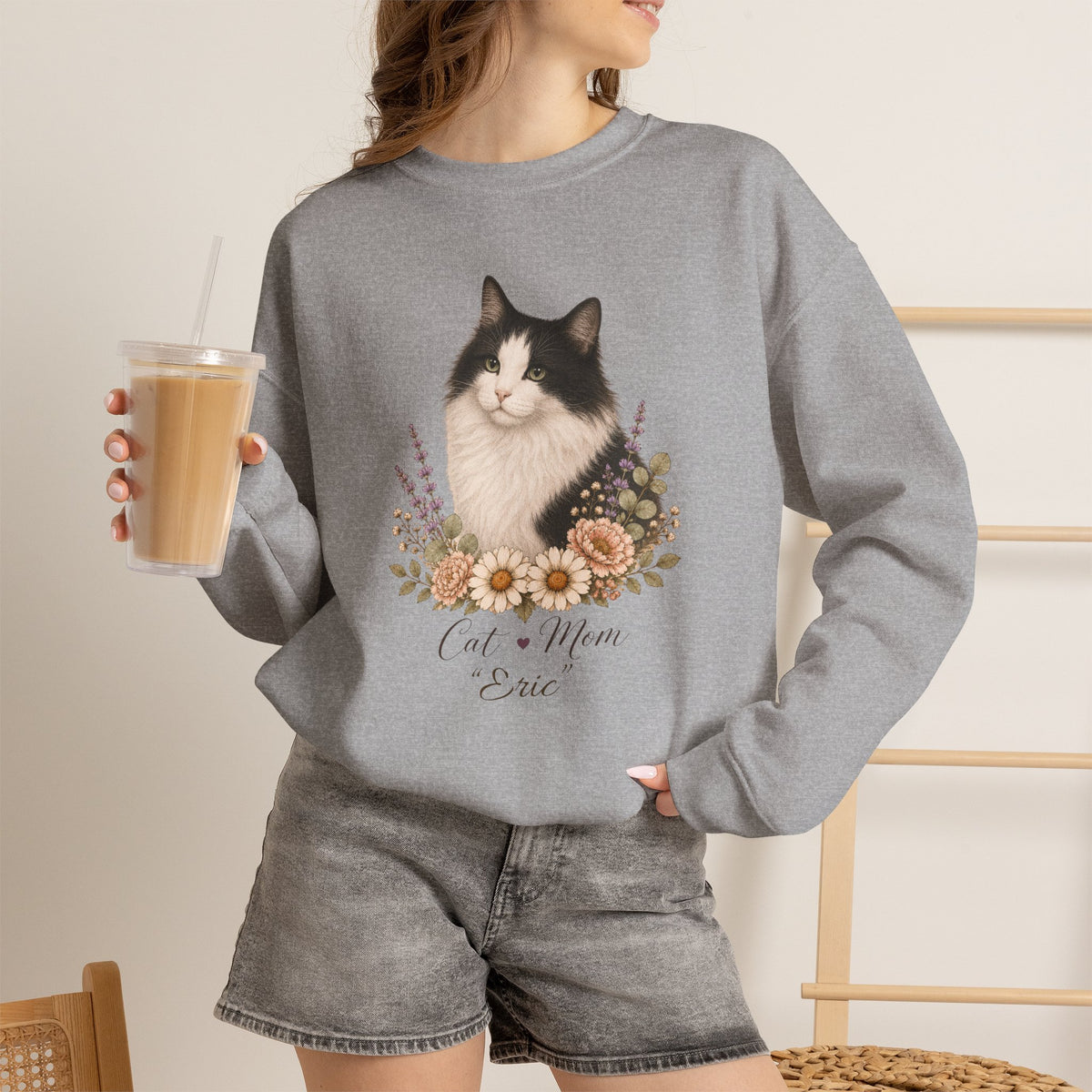 Personalized Black and White Cat Mom Gildan® Sweatshirt