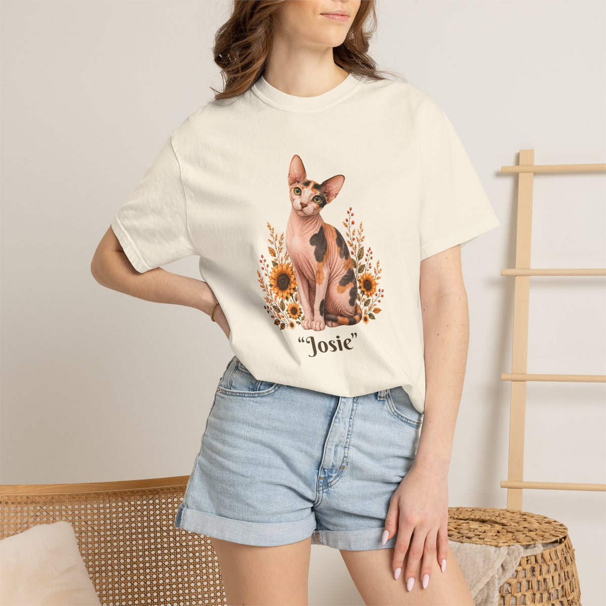 Personalized Calico Sphinx Cat Sunflower Comfort Colors® T-Shirt