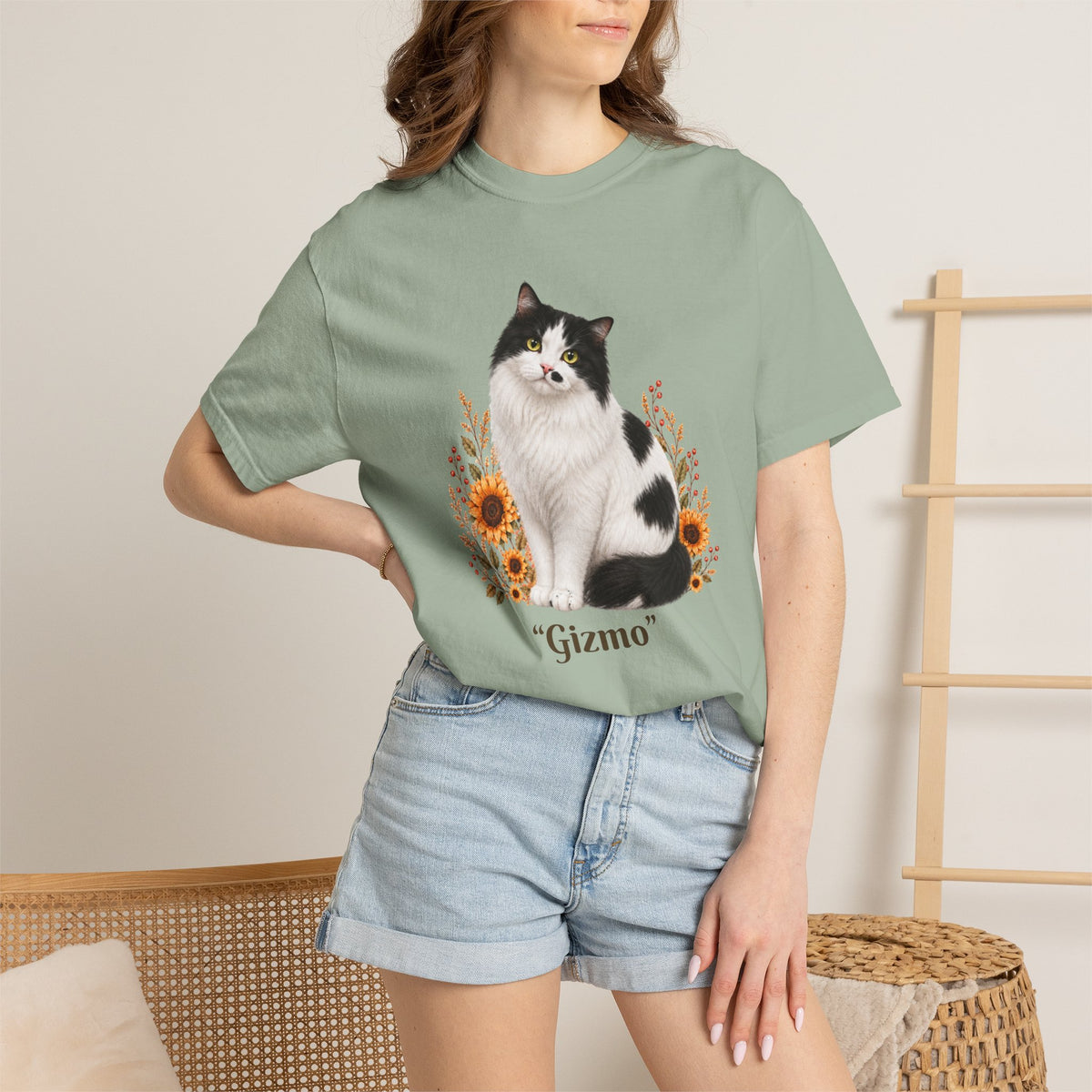 Personalized Black and White Cat  Sunflower Comfort Colors® T-Shirt