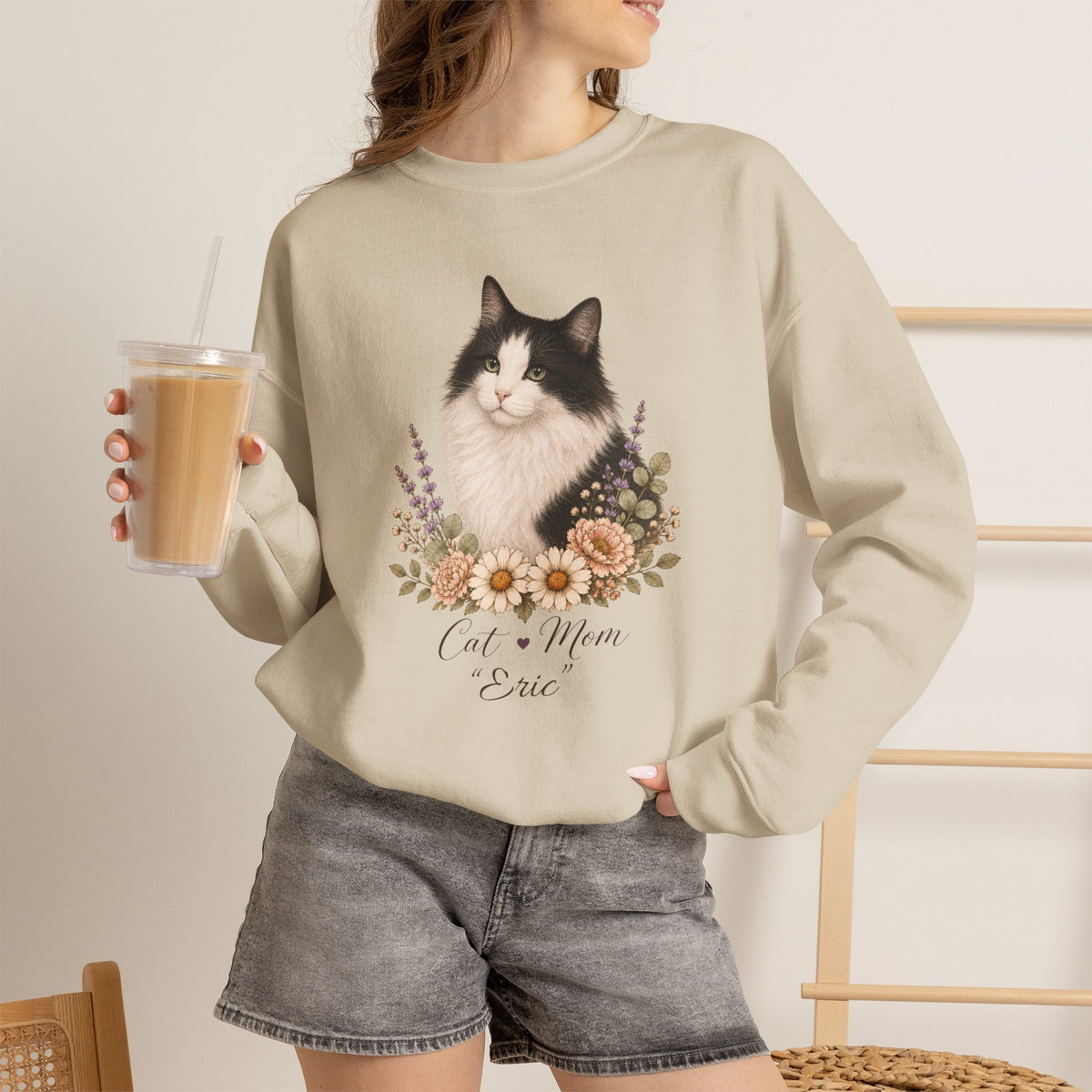 Personalized Black and White Cat Mom Gildan® Sweatshirt