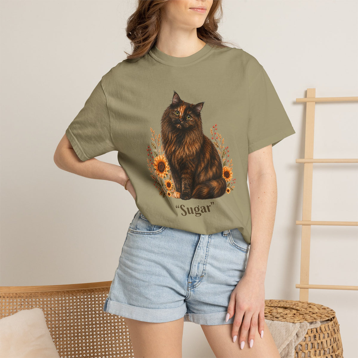 Personalized Tortoiseshell Cat  Sunflower Comfort Colors® T-Shirt