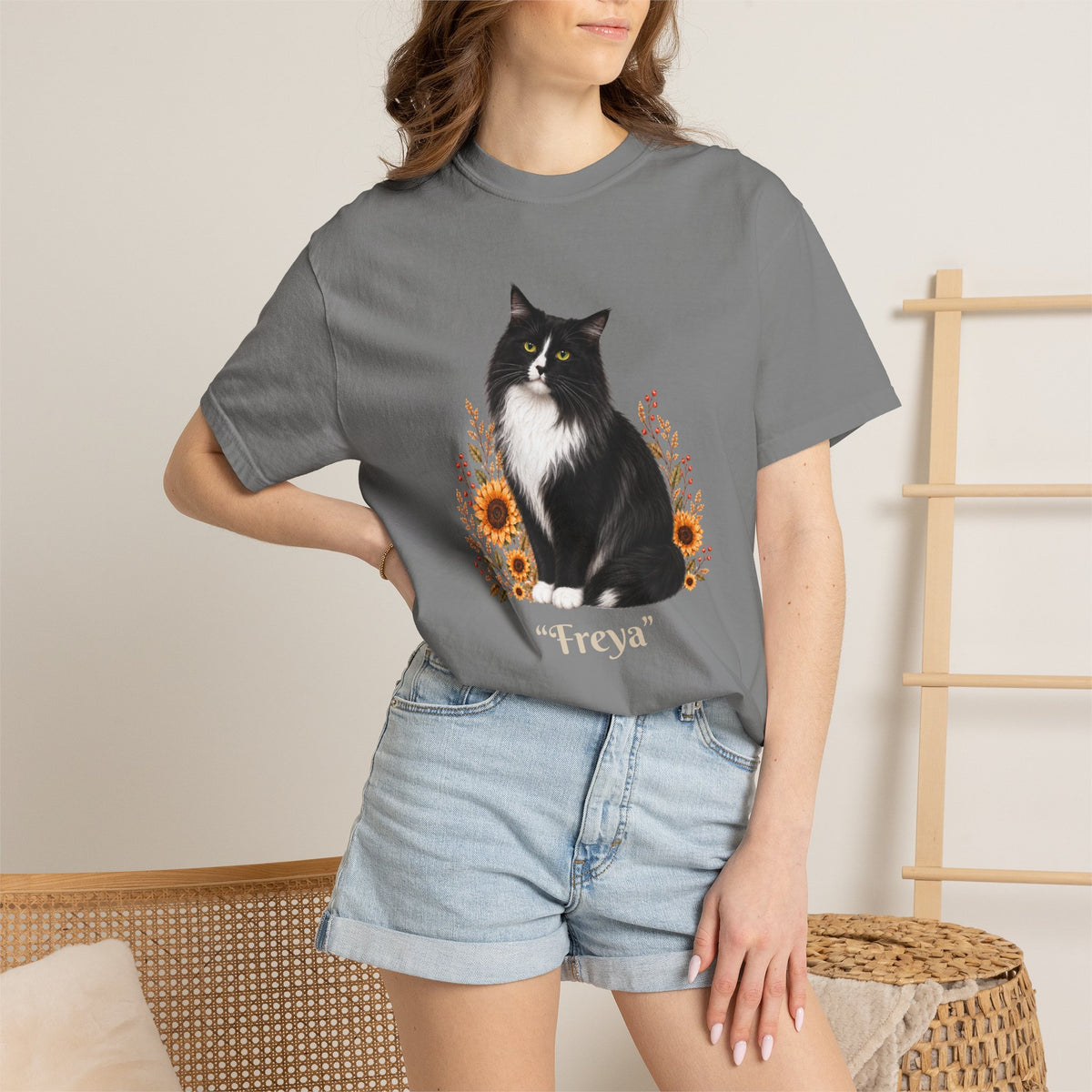 Personalized Black and White Cat  Sunflower Comfort Colors® T-Shirt