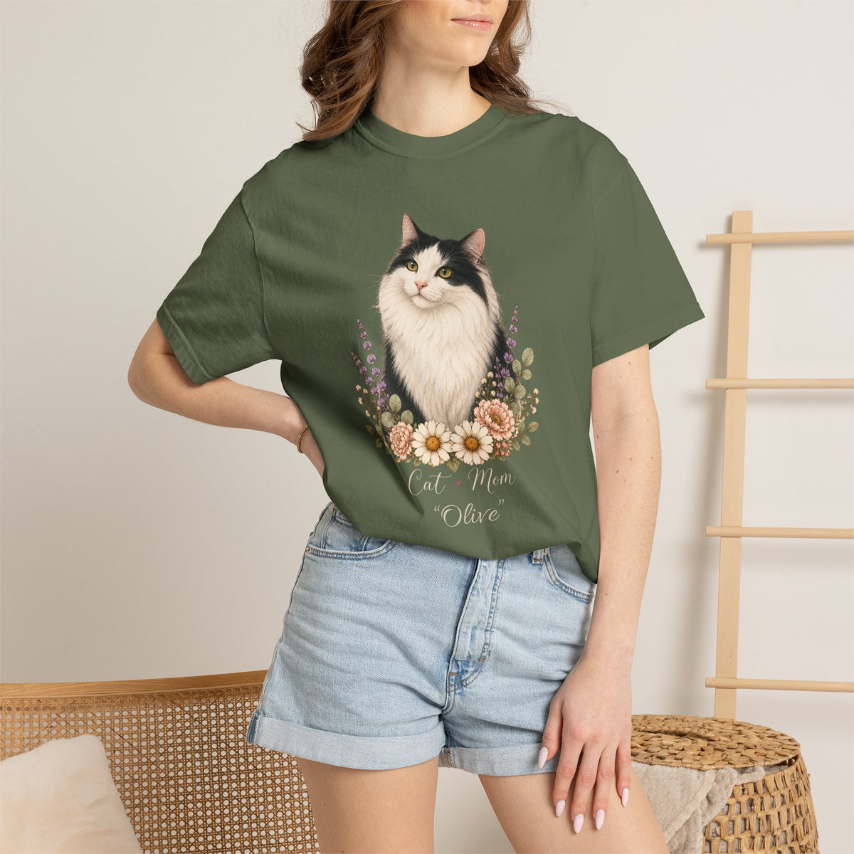 Personalized Black and White Cat Mom Comfort Colors® T-Shirt