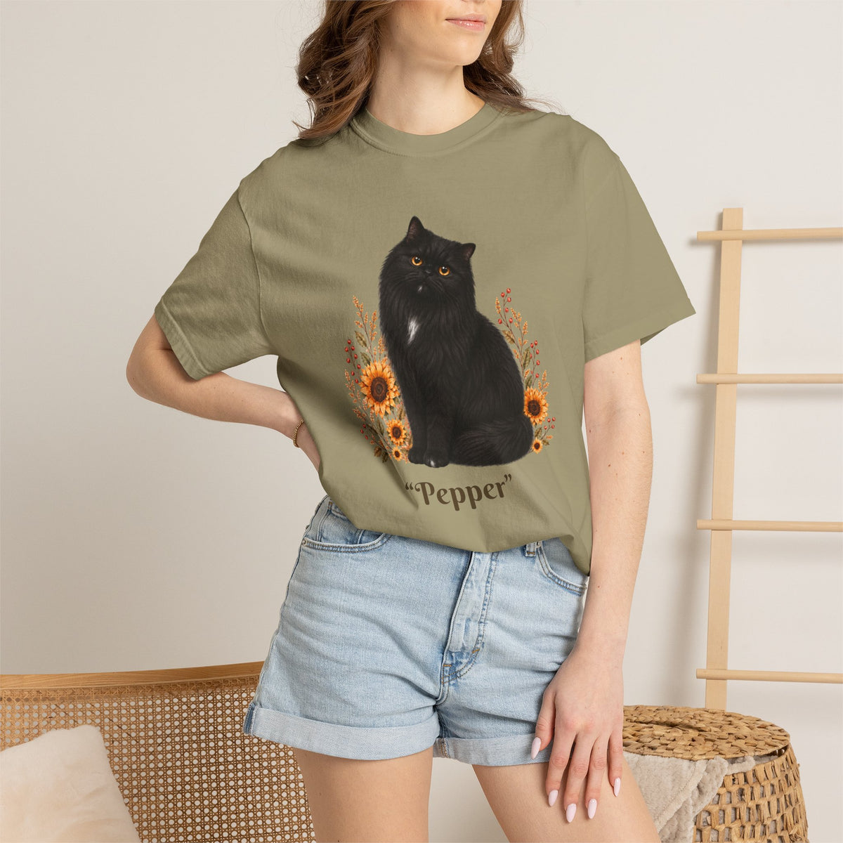 Personalized Black Cat  Sunflower Comfort Colors® T-Shirt
