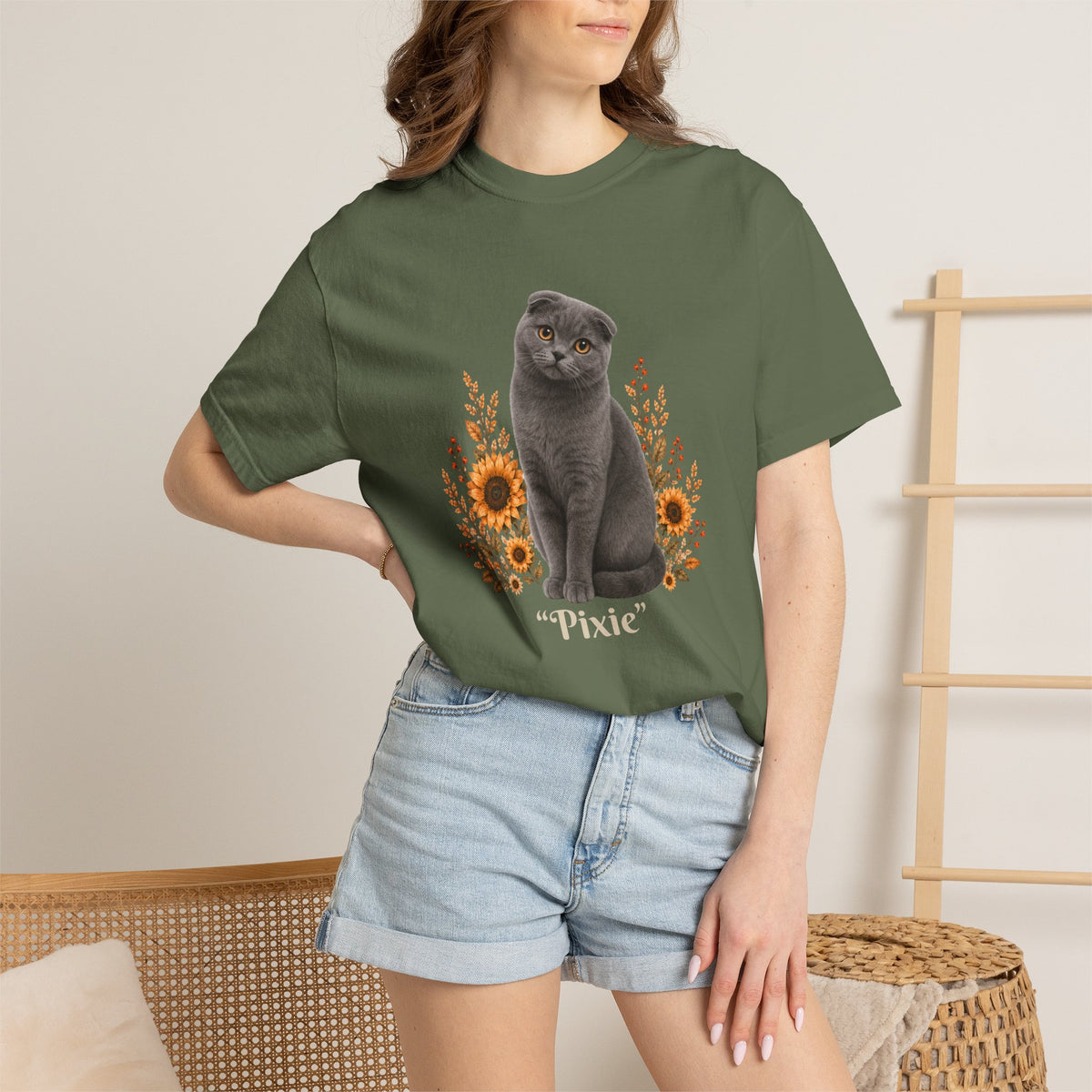 Personalized Scottish Fold Cat Sunflower Comfort Colors® T-Shirt