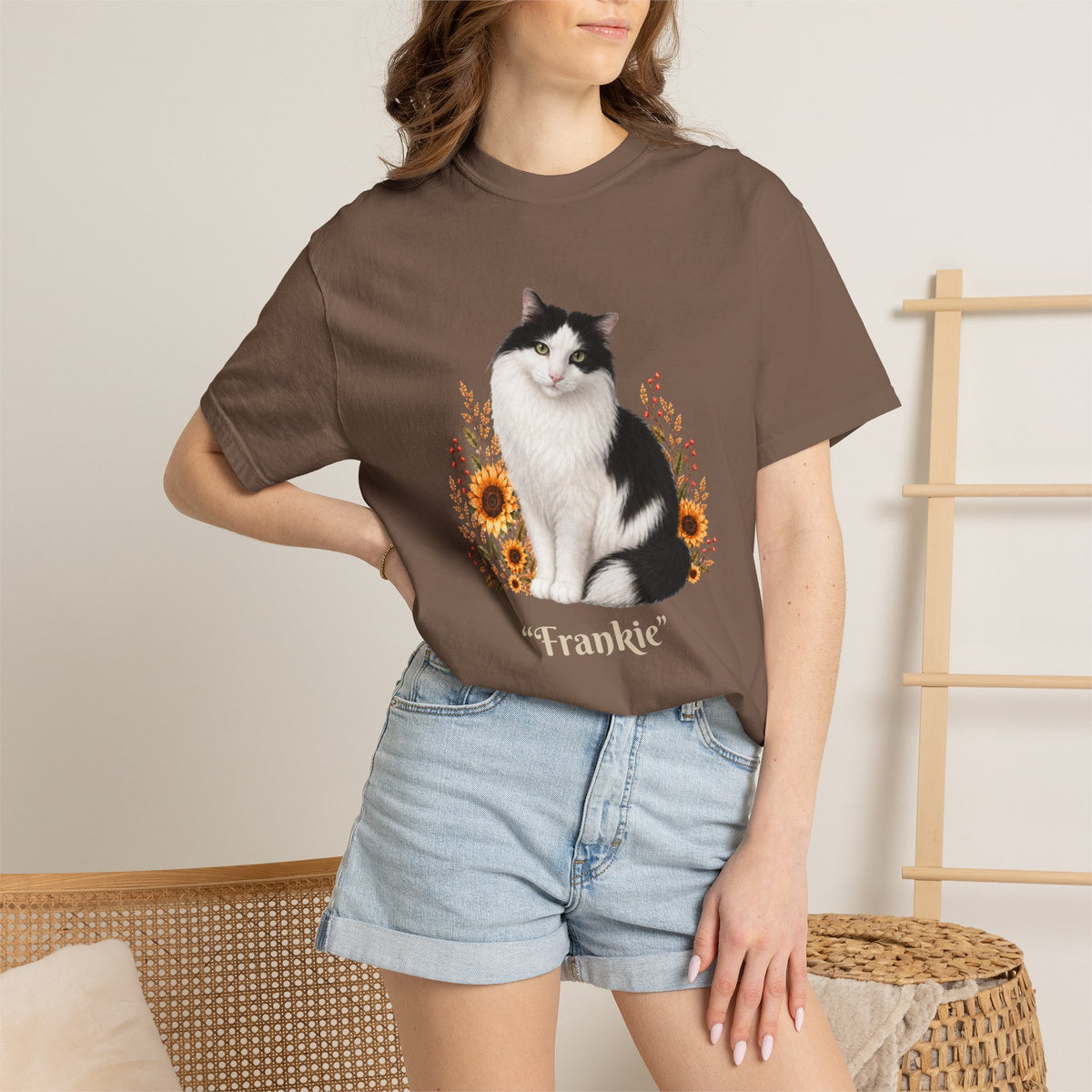 Personalized Black and White Cat  Sunflower Comfort Colors® T-Shirt