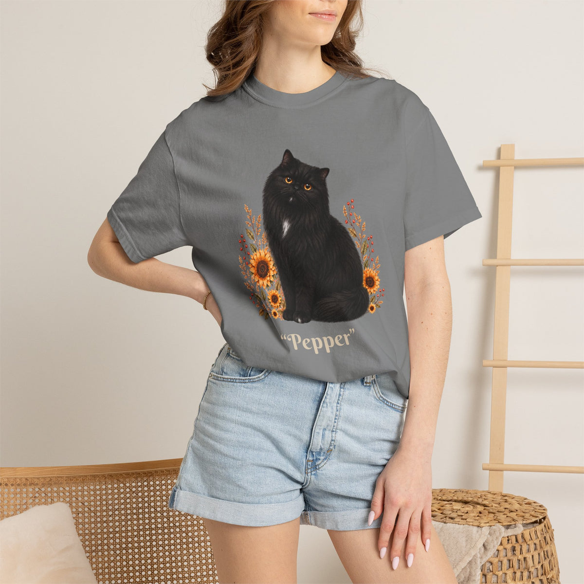 Personalized Black Cat  Sunflower Comfort Colors® T-Shirt
