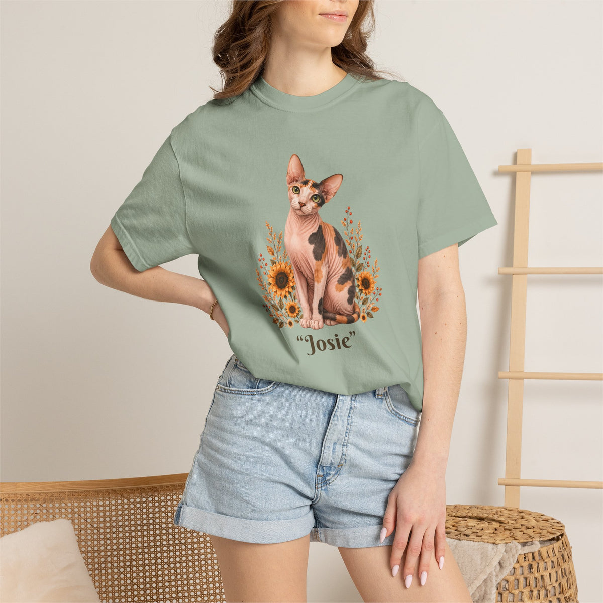 Personalized Calico Sphinx Cat Sunflower Comfort Colors® T-Shirt