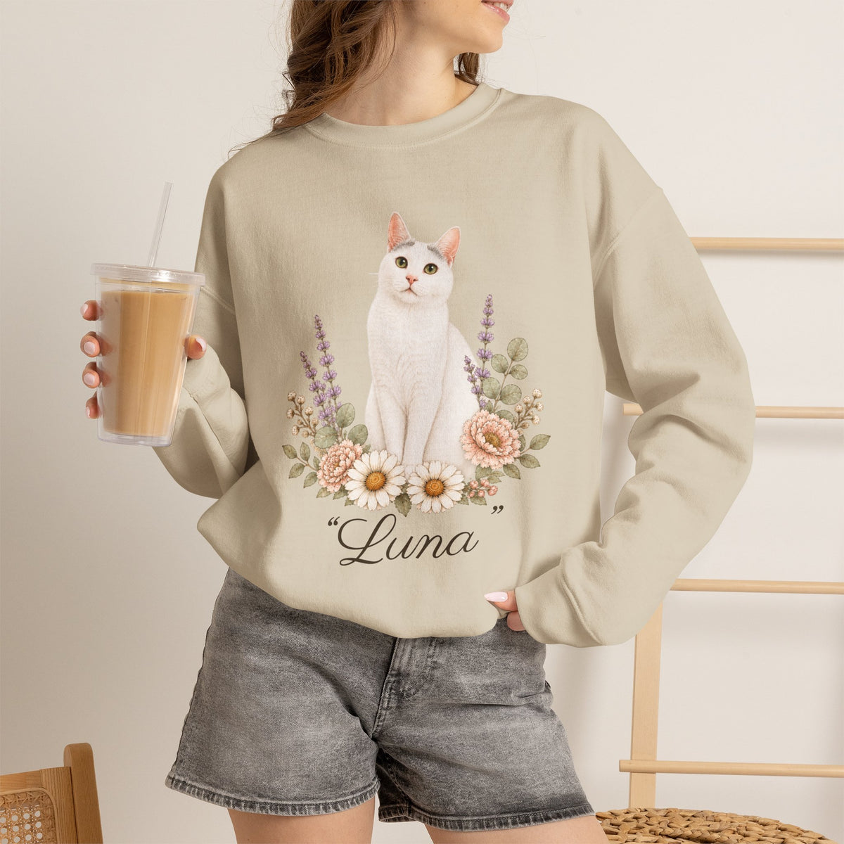 Personalized White Cat Mom Sweatshirt