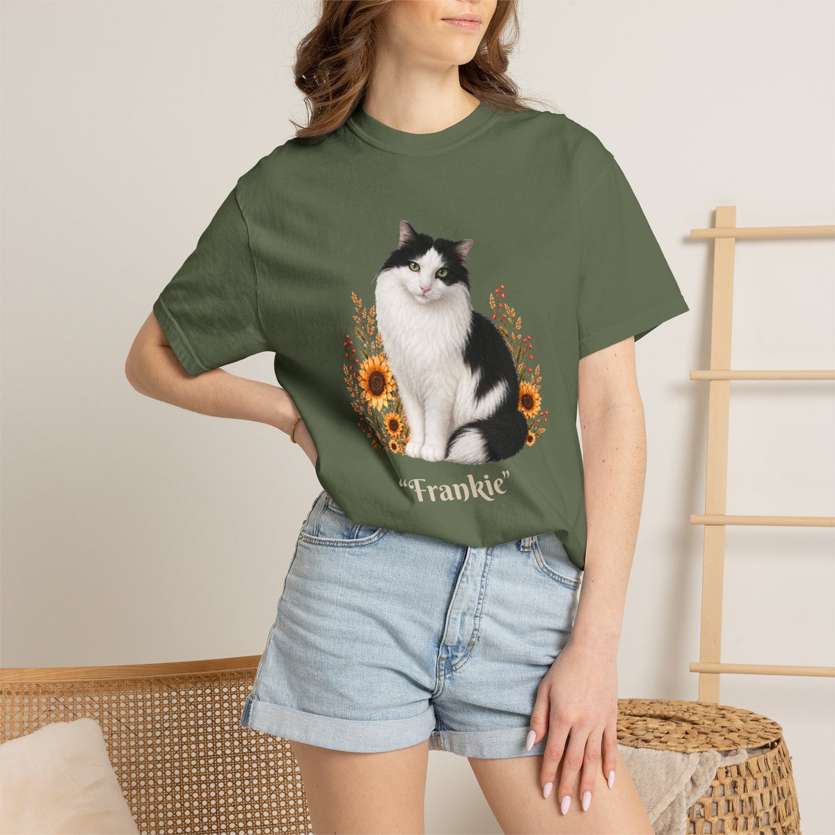 Personalized Black and White Cat  Sunflower Comfort Colors® T-Shirt