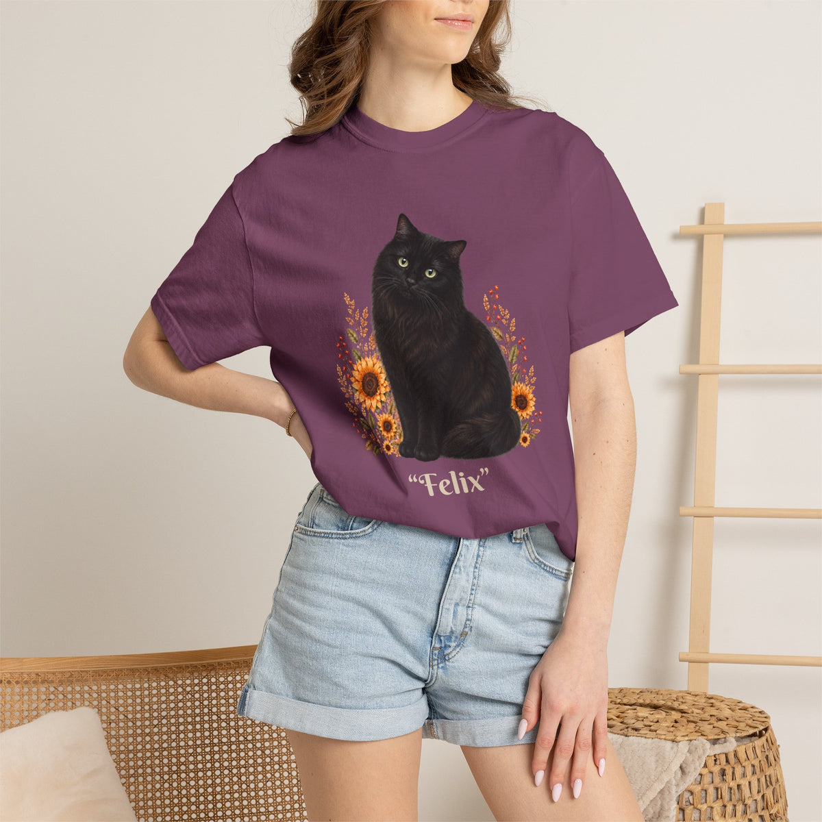 Personalized Black Cat  Sunflower Comfort Colors® T-Shirt