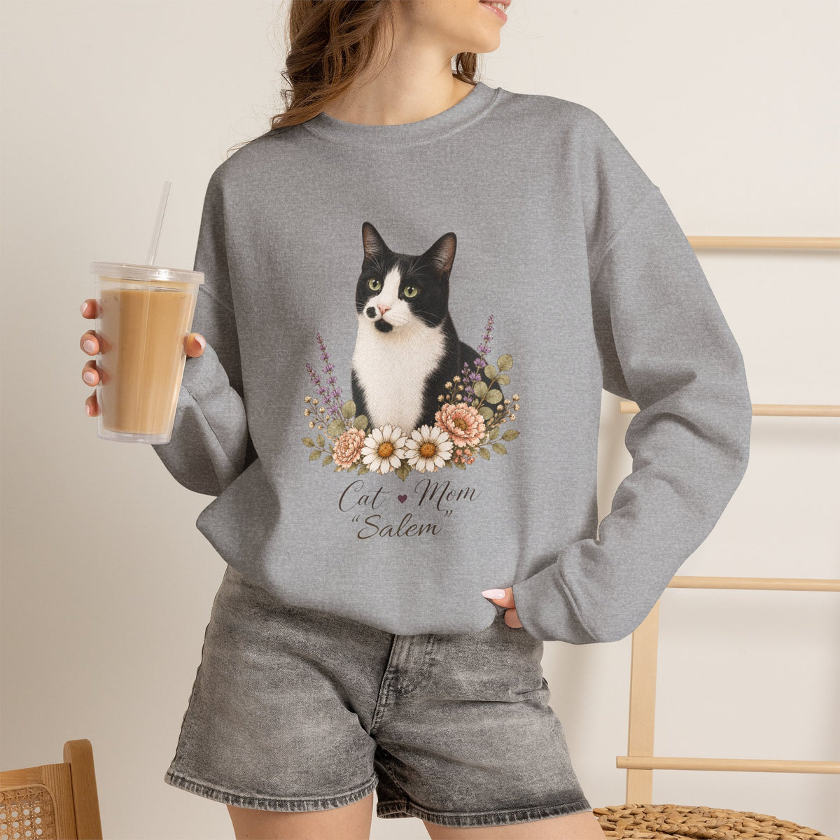 Personalized Black and White Cat Mom Gildan® Sweatshirt