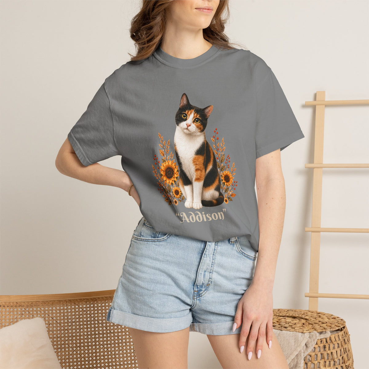 Personalized Calico Cat Sunflower Comfort Colors® T-Shirt